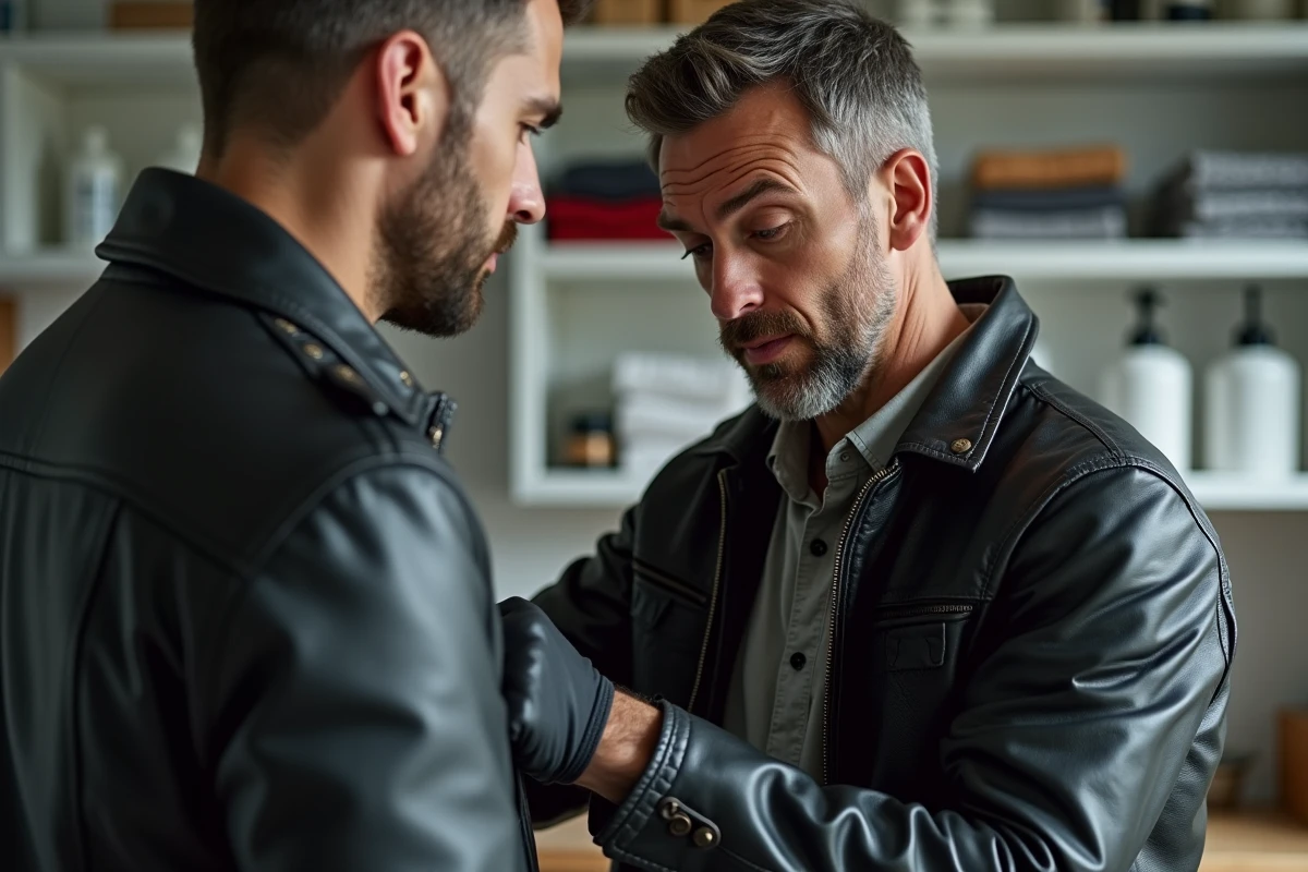 Homme inspectant une griffure sur un blouson en cuir noir dans une buanderie bien rangée