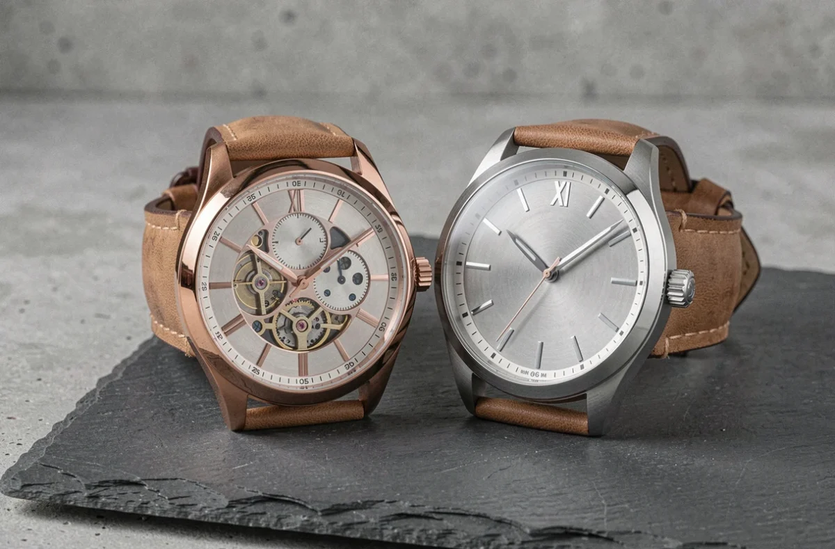 Comparaison en gros plan d'une montre tourbillon de luxe et d'une montre grand public sur ardoise grise