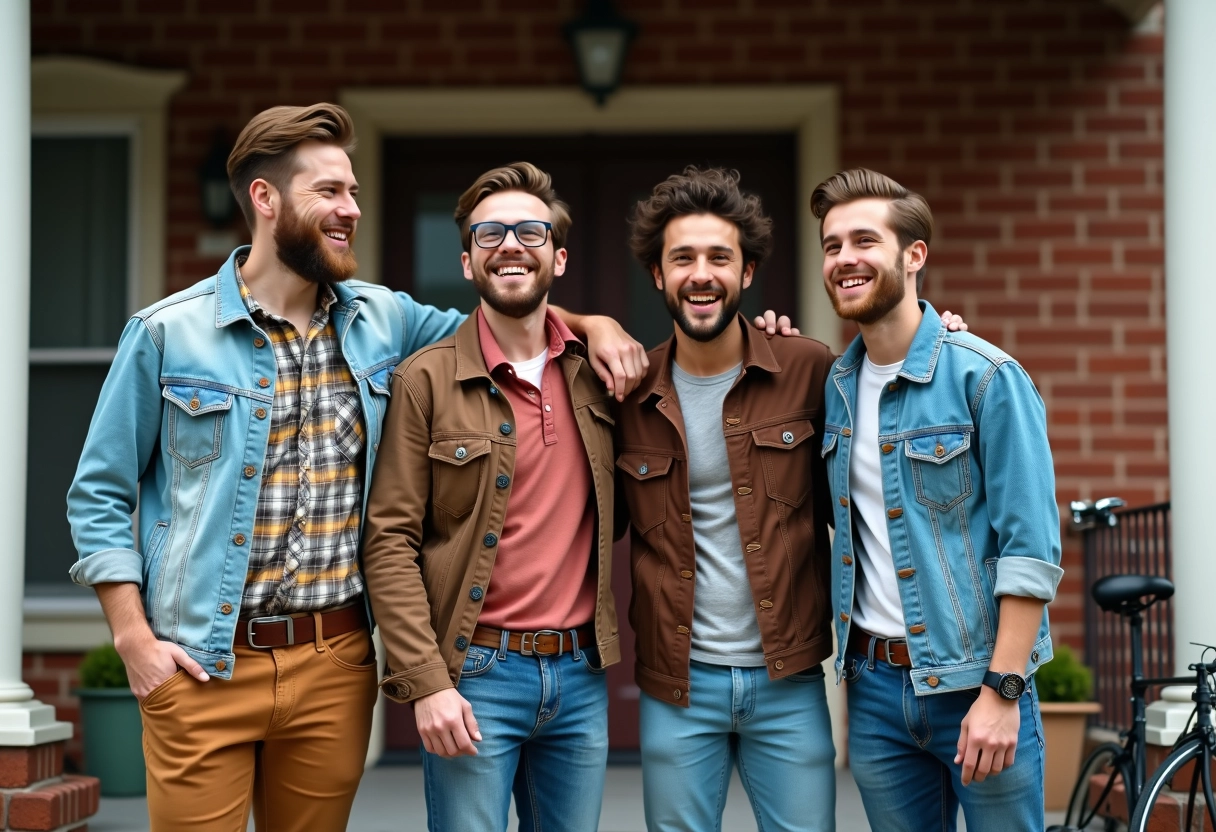 Groupe d amis en tenues années 80 posant sur une terrasse de banlieue
