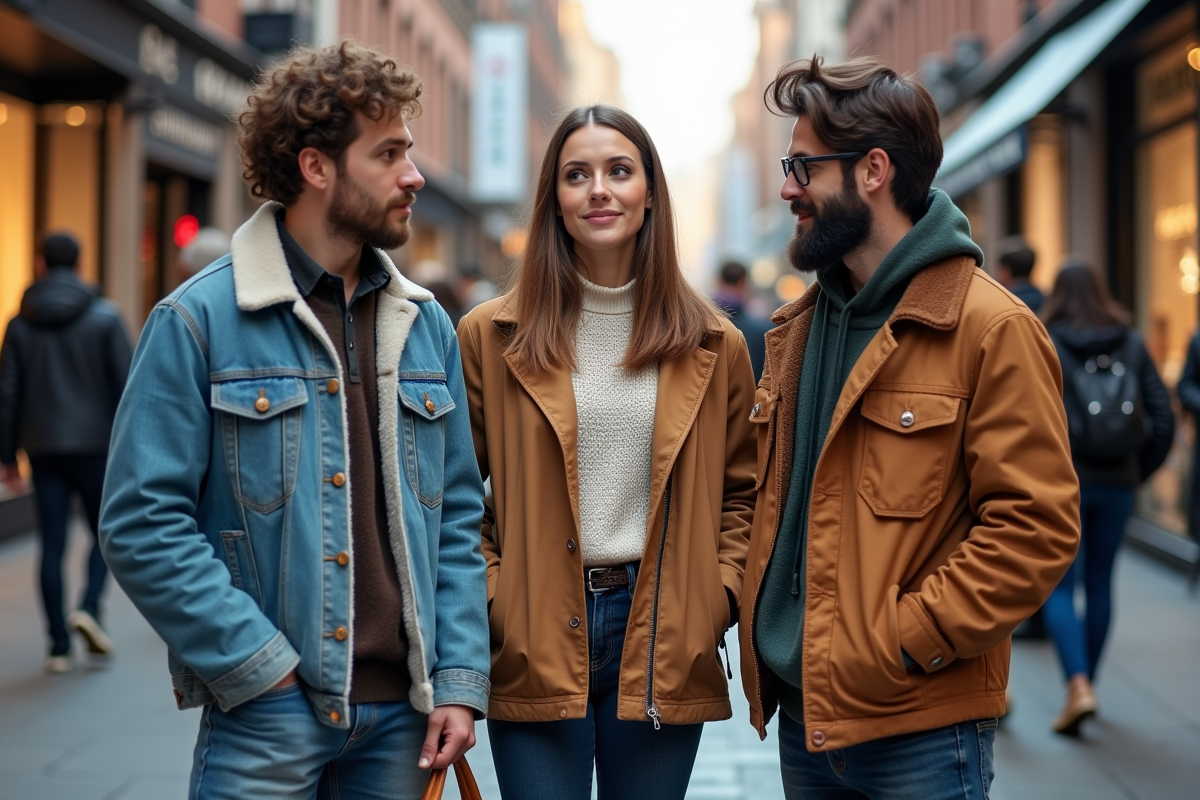 Trois amis discutant de mode dans une rue animée
