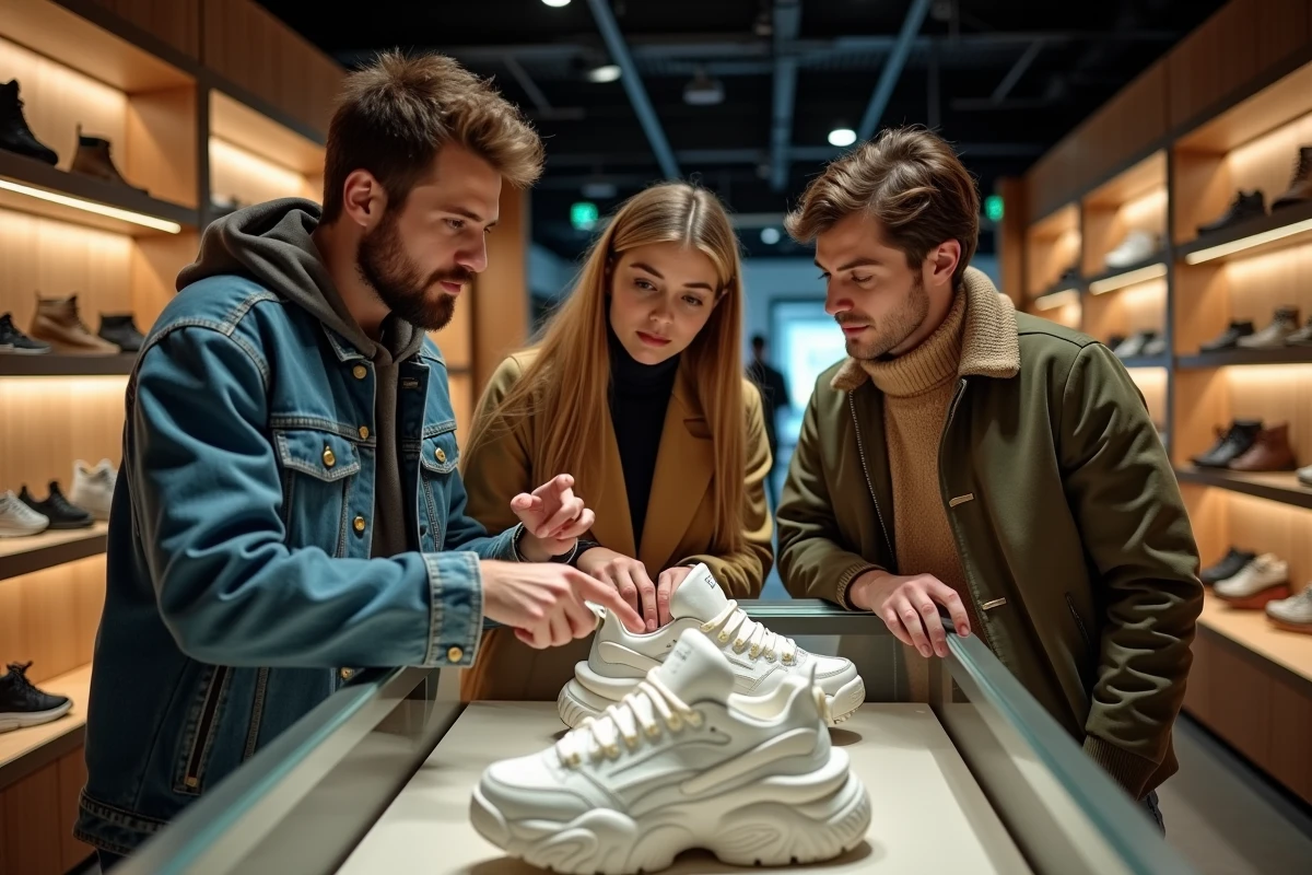 Groupe de passionnés de mode discutant de sneakers Balenciaga dans une boutique de luxe