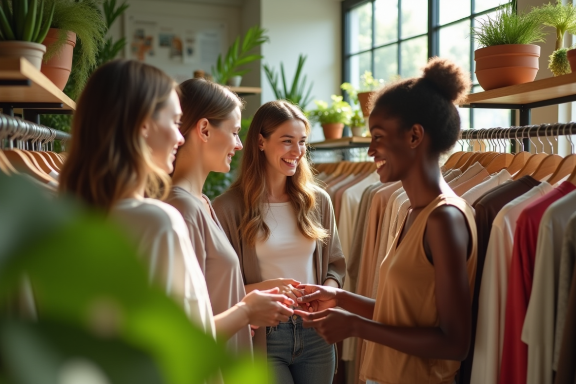 Groupe de jeunes achetant des vêtements écologiques dans une boutique lumineuse