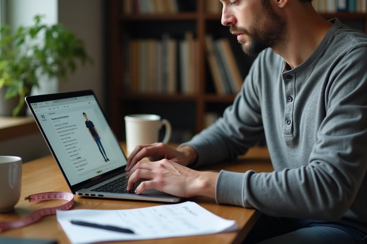 Homme consultant un guide des tailles de vêtements sur un ordinateur portable avec un mètre ruban et un tableau des tailles imprimé sur un bureau en bois