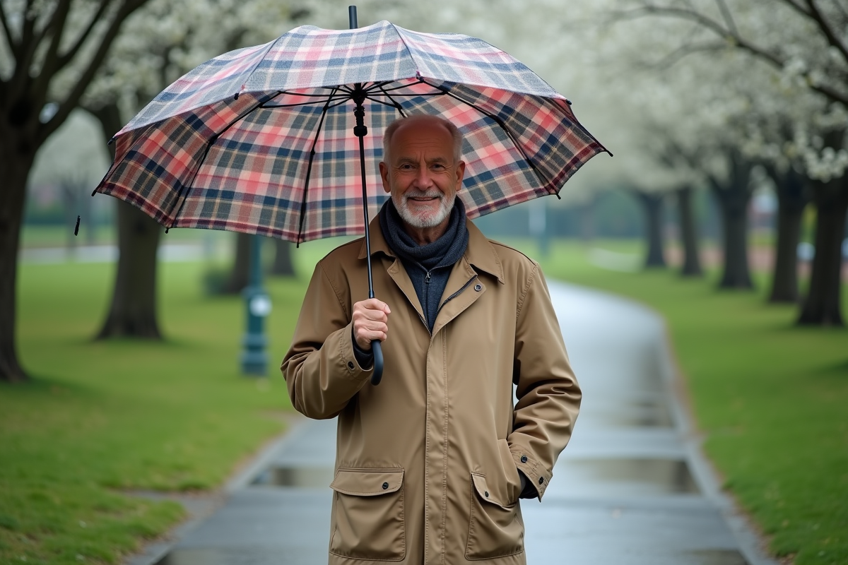 Homme âgé avec parapluie à carreaux dans un parc tranquille