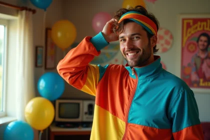 Homme en tenue vintage des années 80 souriant dans un salon coloré