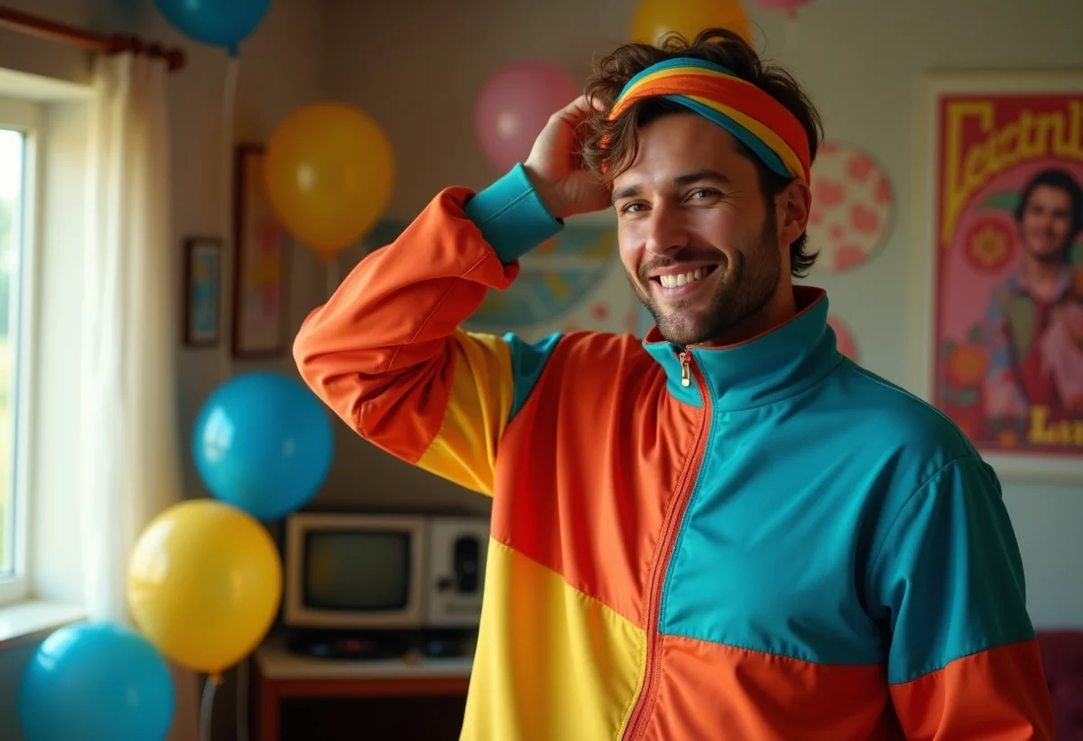 Homme en tenue vintage des années 80 souriant dans un salon coloré