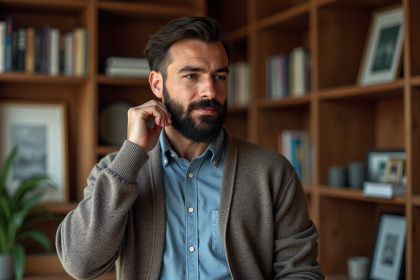 Homme barbu en intérieur cosy avec bibliothèque