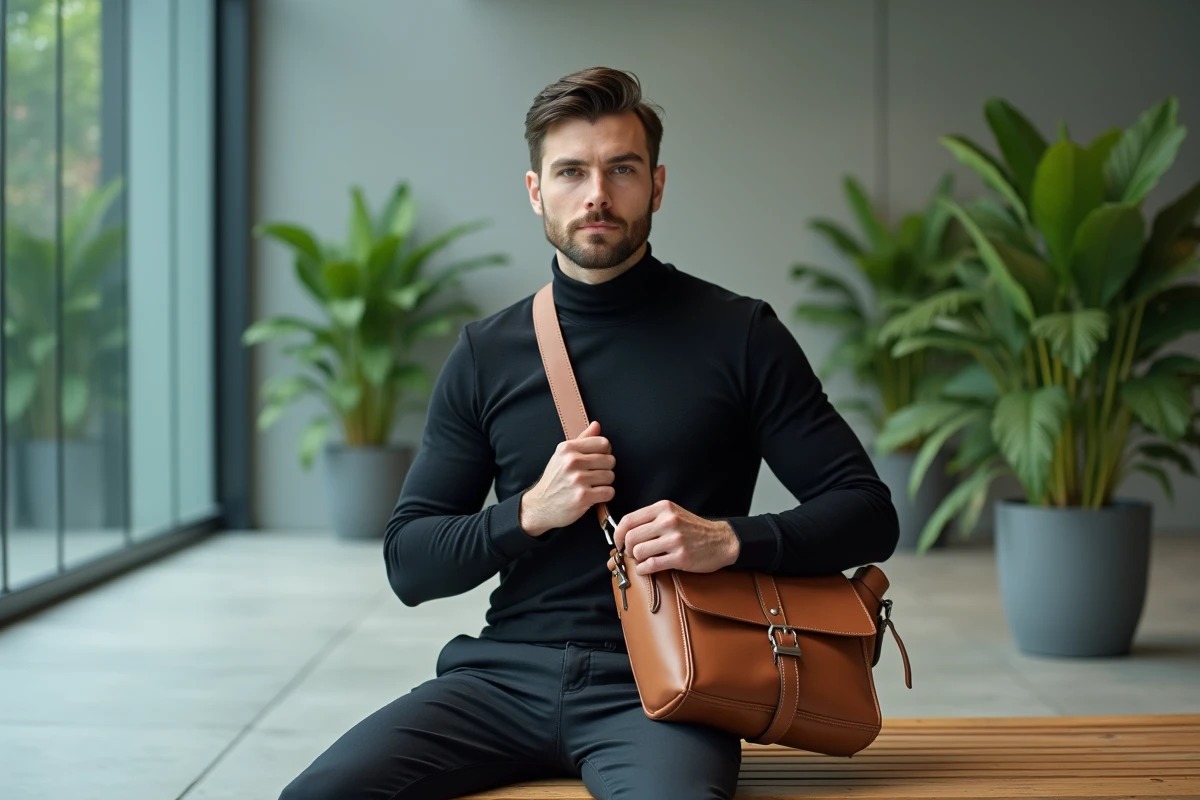 Jeune homme assis ajustant son sac en cuir dans un bureau moderne