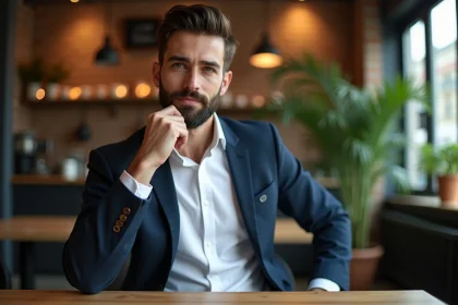 Homme barbu en chemise blanche et blazer dans un café moderne