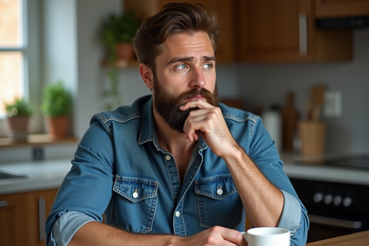 Homme avec barbe assis à la maison contemplant son visage