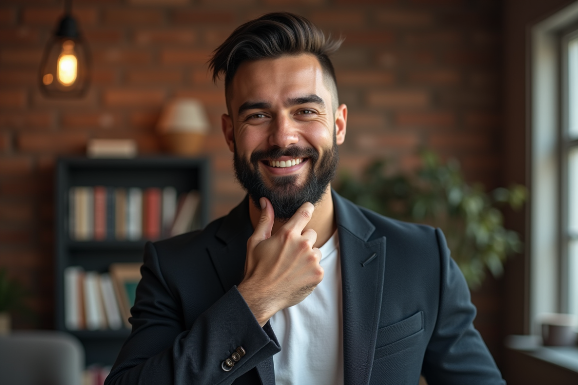 Homme élégant avec barbe ronde en intérieur moderne