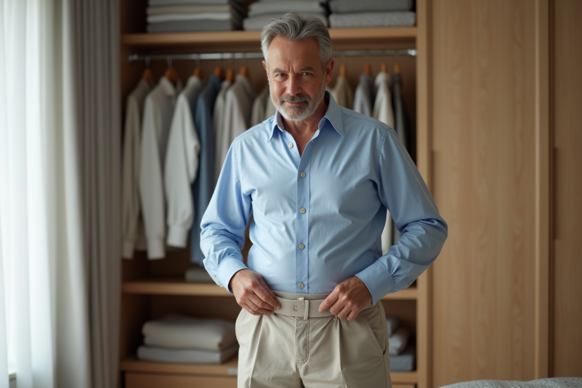 Homme d'âge moyen ajustant une ceinture élastique dans une chambre lumineuse