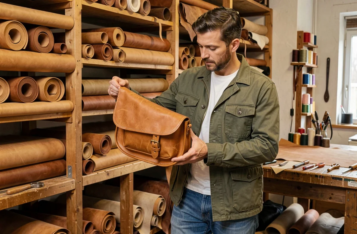 Homme dans un atelier de maroquinerie tenant une besace en cuir camel artisanale avec coutures visibles et boucles en laiton
