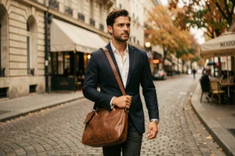 Homme en blazer marine portant une besace en cuir marron grain pleine fleur sur une rue pavée parisienne en automne