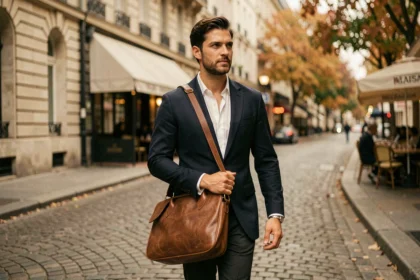 Homme en blazer marine portant une besace en cuir marron grain pleine fleur sur une rue pavée parisienne en automne