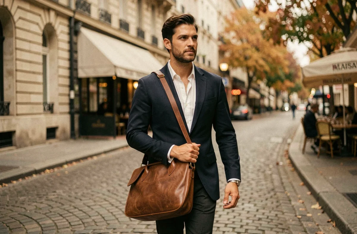 Homme en blazer marine portant une besace en cuir marron grain pleine fleur sur une rue pavée parisienne en automne