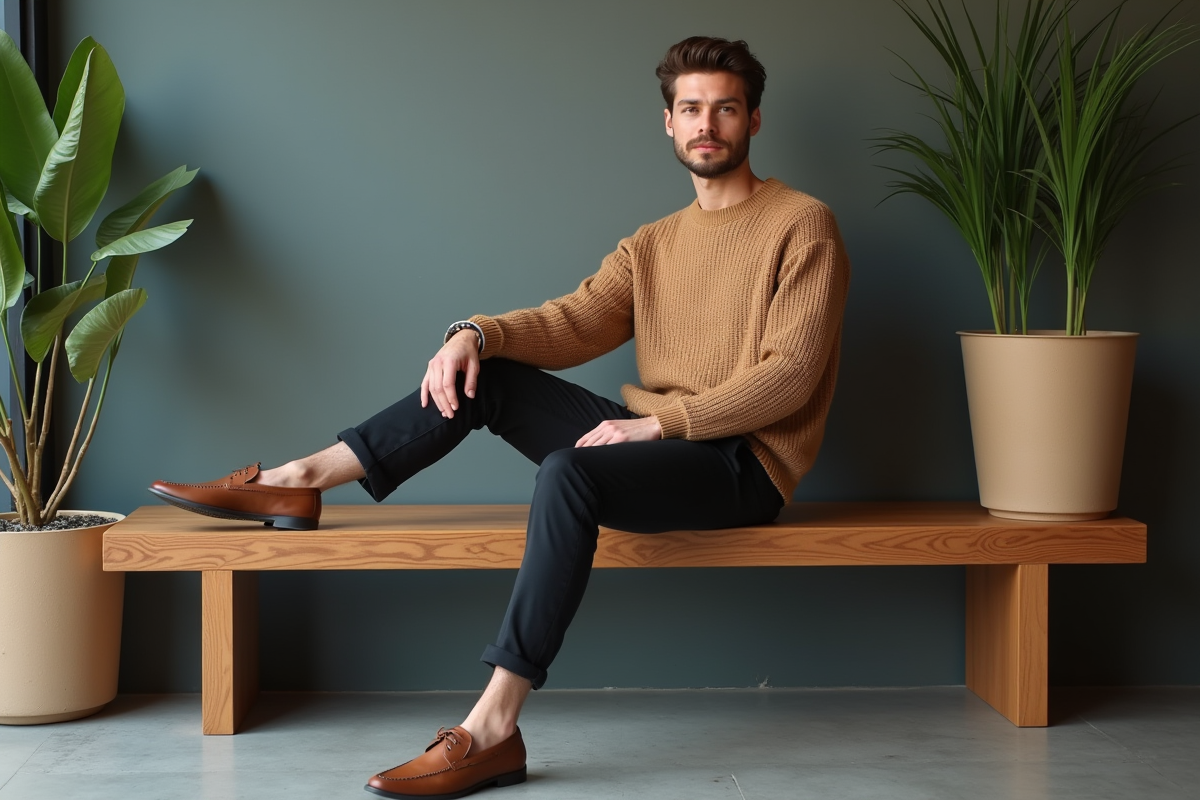 Jeune homme assis dans un café avec pantalon slim et pull