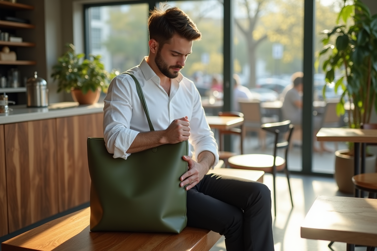 Homme assis au café avec sac tote vert olive