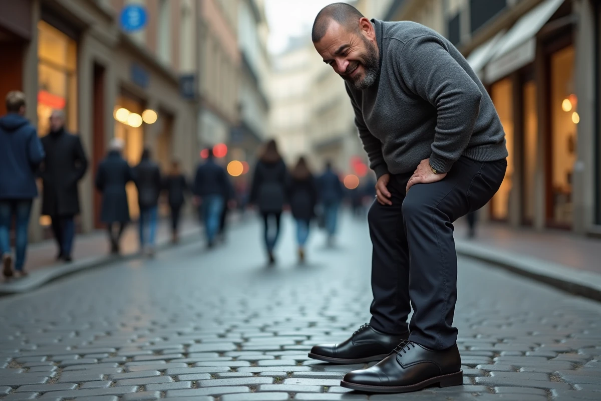 Homme portant des chaussures Derby noires grande pointure dans une rue pavée européenne vue en contre-plongée