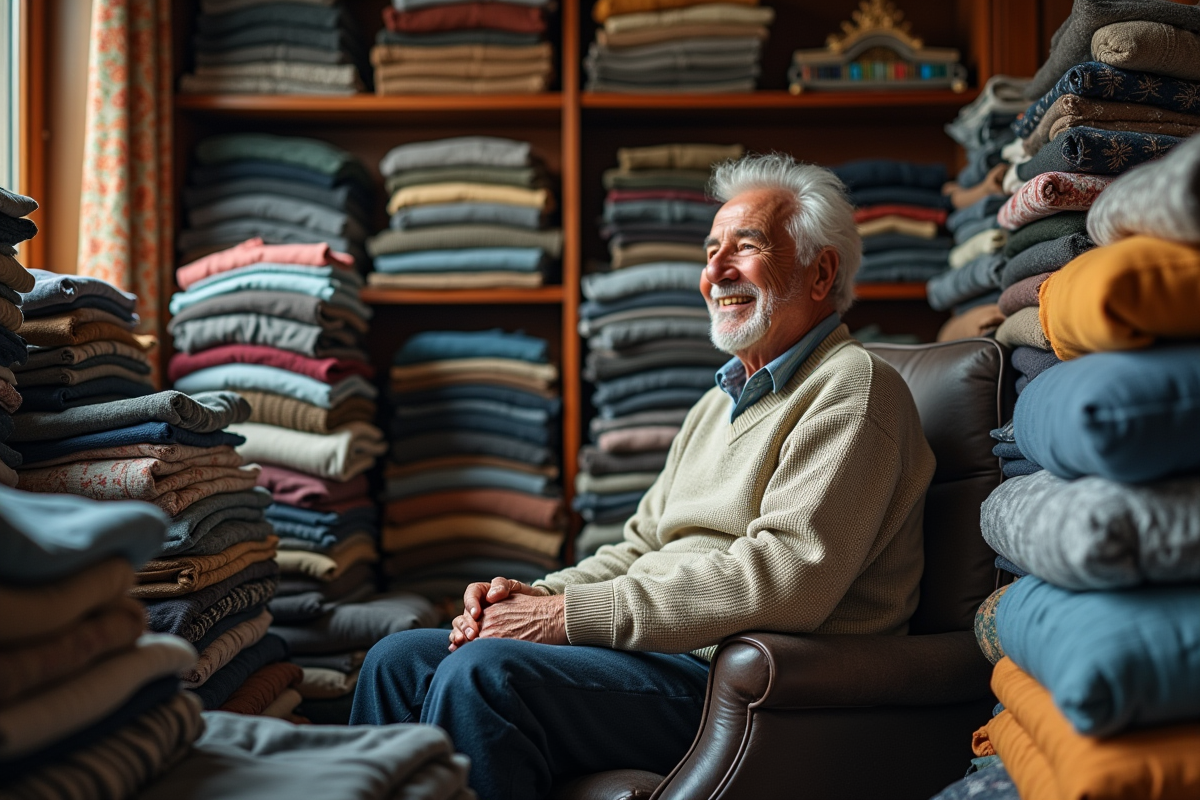 Homme âgé dans une bibliothèque vêtue de vêtements colorés