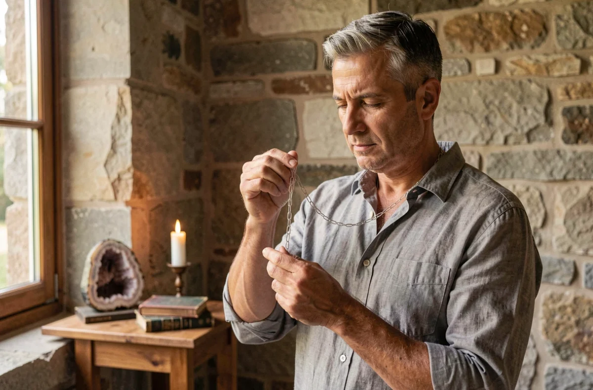 Homme contemplant un collier emmêlé en argent dans une pièce en pierre rustique avec objets spirituels en arrière-plan