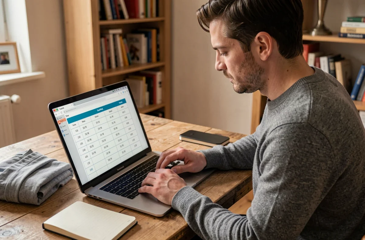 Homme utilisant un convertisseur de taille de vêtement en ligne sur son ordinateur portable à son bureau