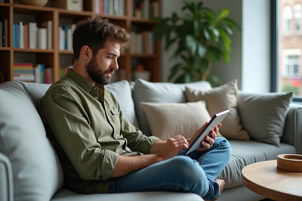 Homme débutant explorant une mise en page de blog sur une tablette depuis son salon confortable entouré de livres