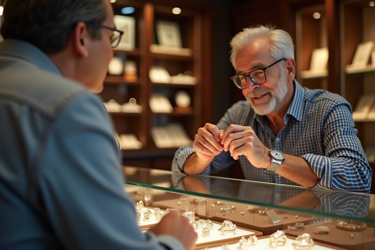 Homme essayant des bagues dans une bijouterie élégante
