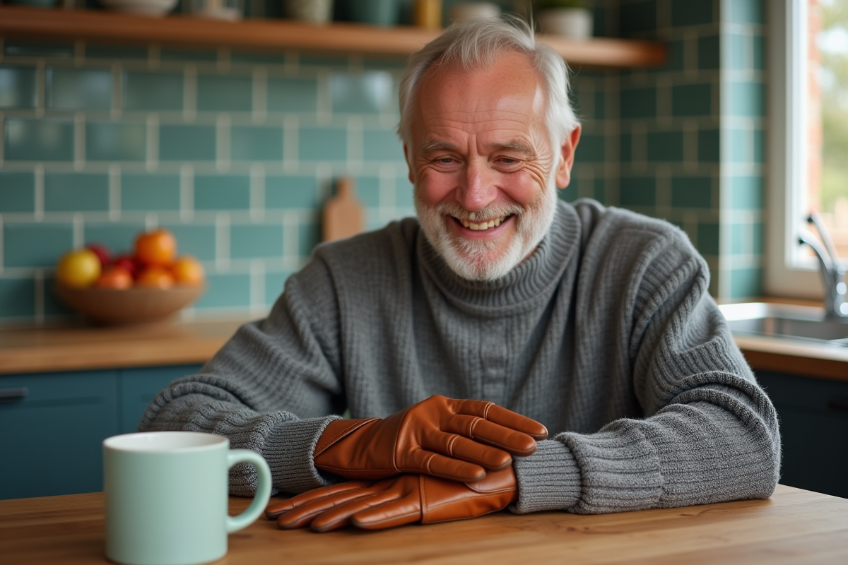 Homme essayant des gants en cuir dans une cuisine lumineuse