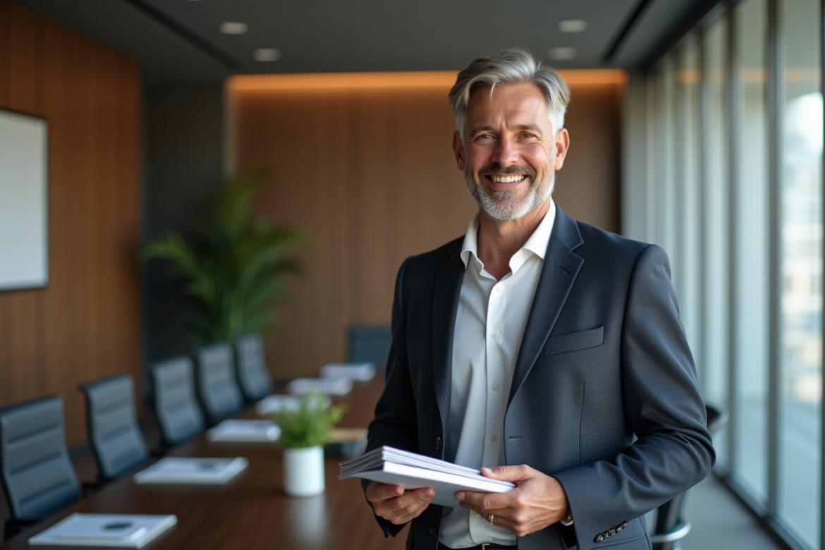 Homme en polo et veste dans une salle de réunion moderne