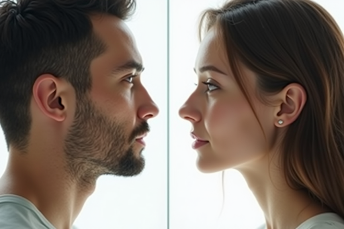 Homme et femme avec faces reflet dans une lumière verticale