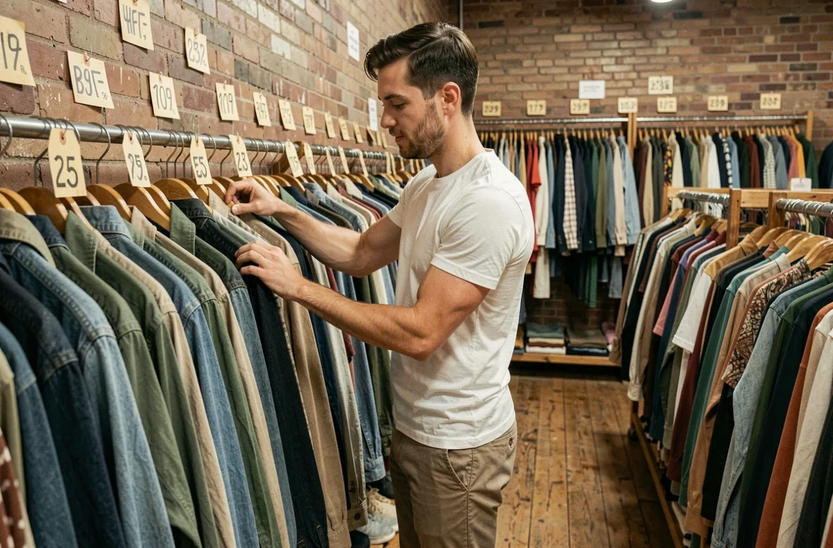 Homme parcourant un portant de vêtements d'occasion dans une friperie vintage pour trouver de bonnes affaires