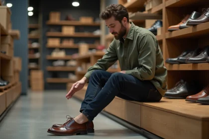 Homme grande pointure essayant une chaussure Oxford en cuir marron dans une boutique moderne spécialisée