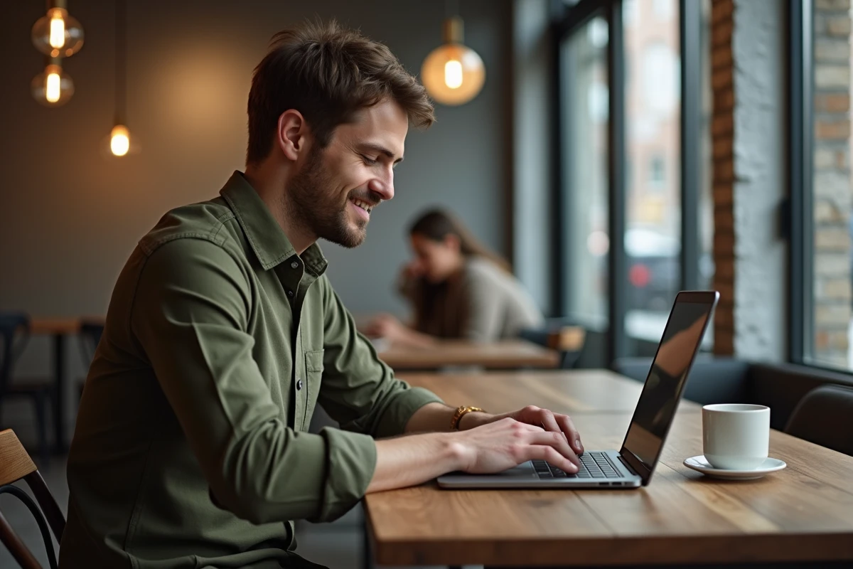 Homme consultant le site Zara sur son ordinateur dans un café pour trouver des astuces de réduction sans code promo
