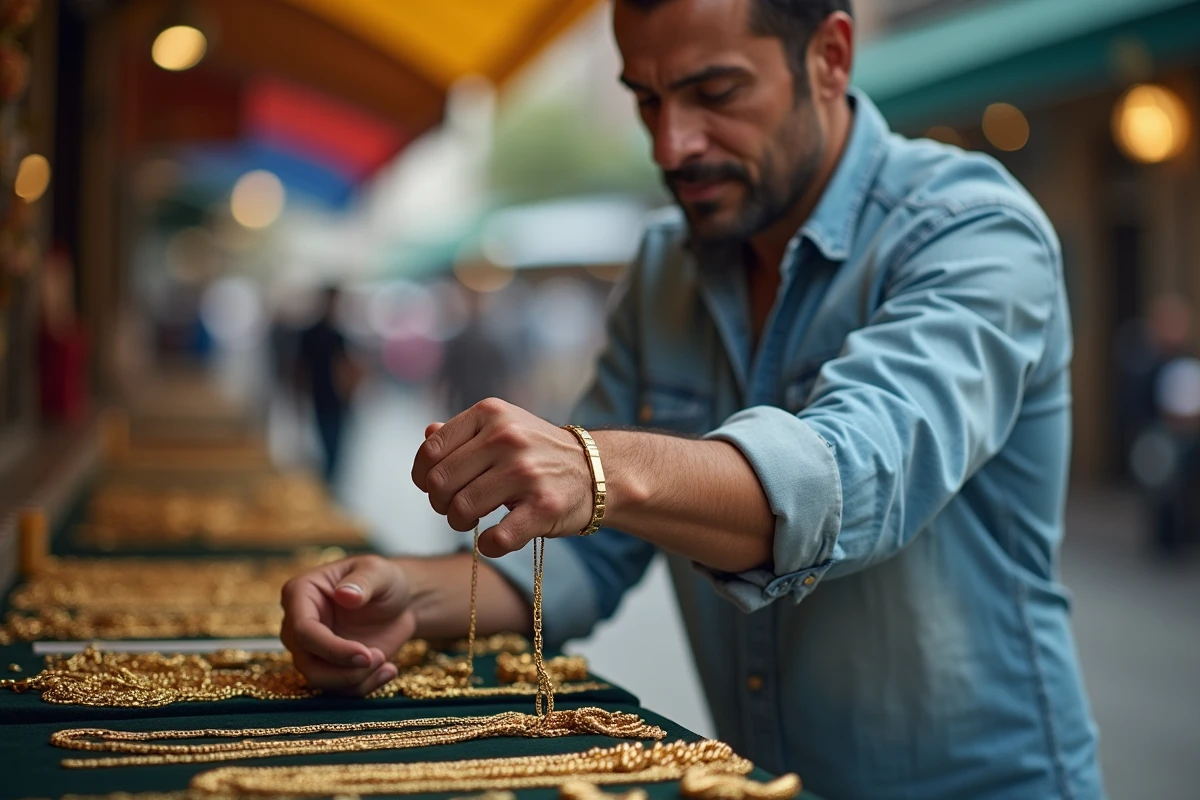 Homme compare des chaînes en or au marché en plein air