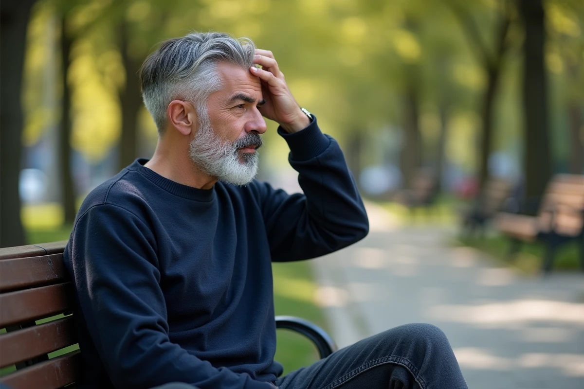 Homme mature coiffant ses cheveux dans un parc urbain
