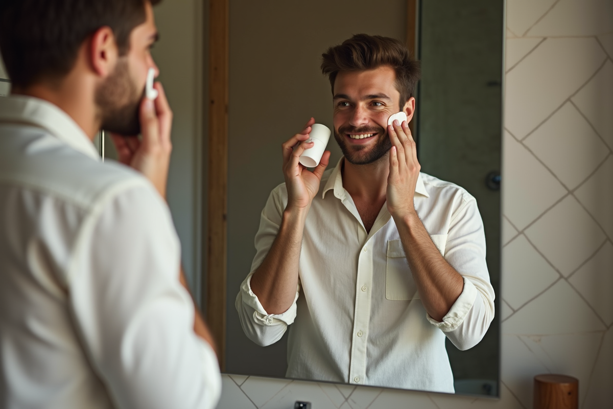Homme se regardant dans le miroir en appliquant crème visage