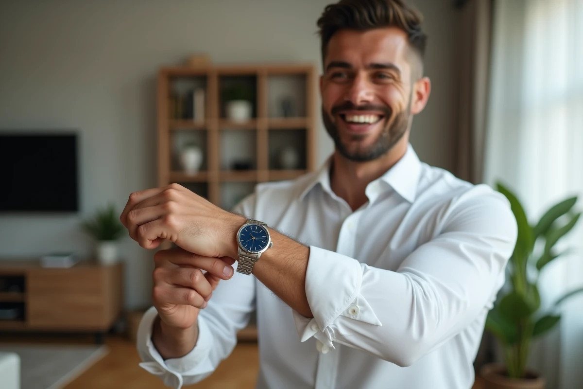 Homme souriant admirant sa nouvelle montre personnalisée offerte pour la Saint-Valentin dans un appartement moderne