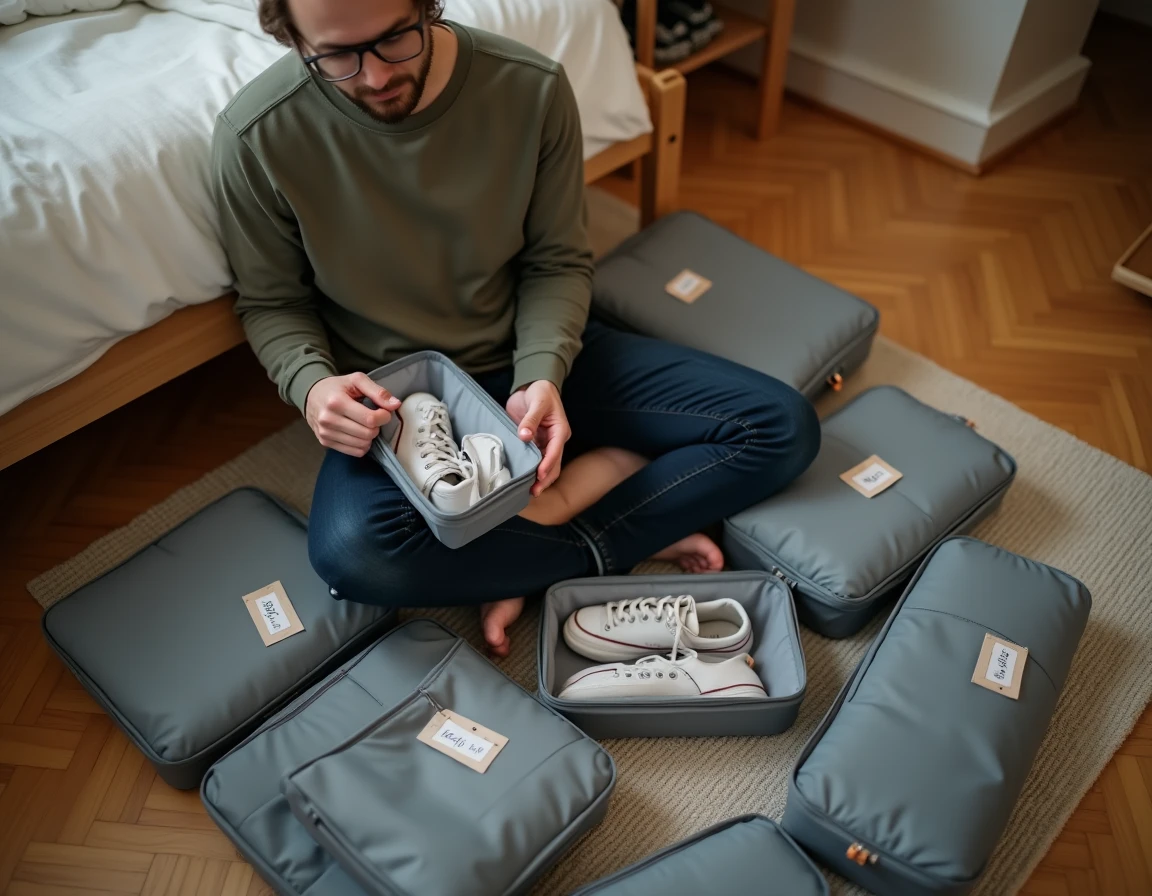 Homme assis sur le sol rangeant plusieurs paires de sneakers dans des sacs de protection étiquetés