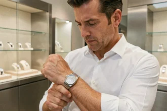 Homme examinant une Rolex Day-Date d'occasion dans une boutique horlogère minimaliste
