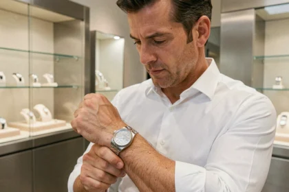 Homme examinant une Rolex Day-Date d'occasion dans une boutique horlogère minimaliste