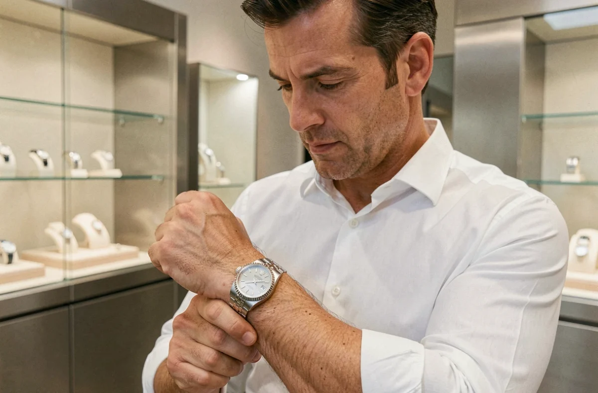 Homme examinant une Rolex Day-Date d'occasion dans une boutique horlogère minimaliste