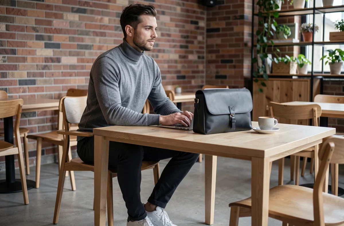 Homme assis dans un café branché avec une sacoche en cuir noir ouverte posée sur une table en bois à côté d'un ordinateur portable