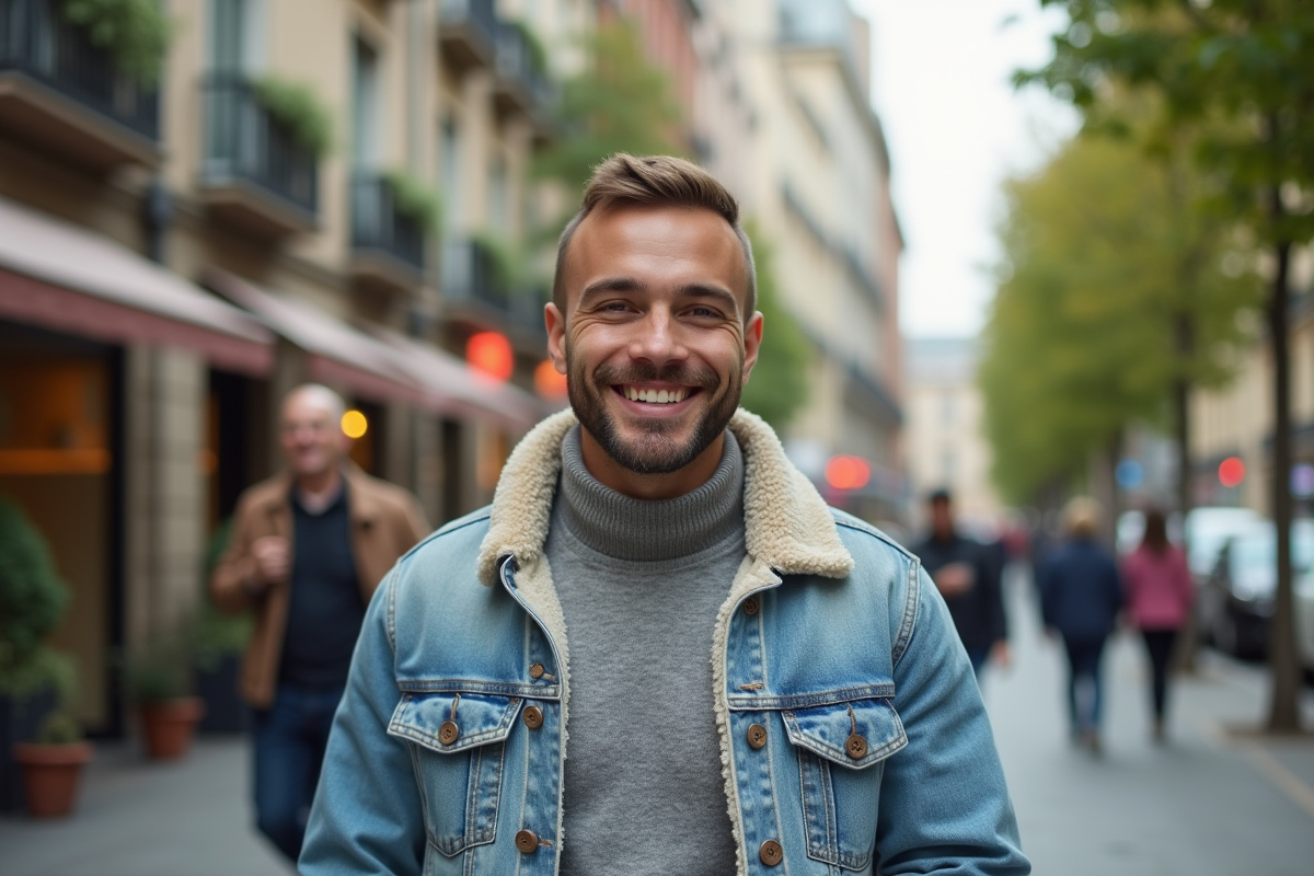 Homme souriant en ville avec veste en denim