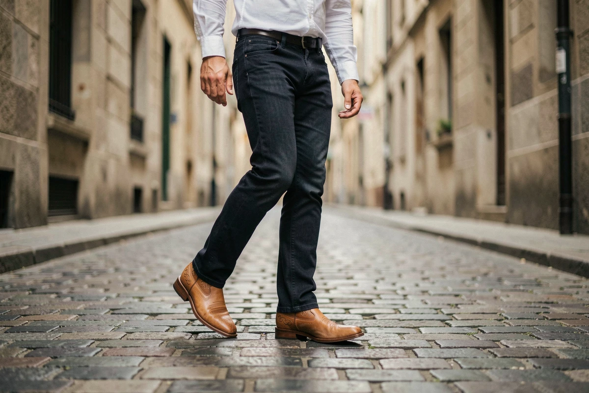 Homme en jean slim et santiags en cuir camel marchant sur des pavés en ville, style urbain et décontracté