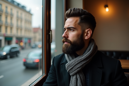 Homme élégant avec barbe dans un café urbain