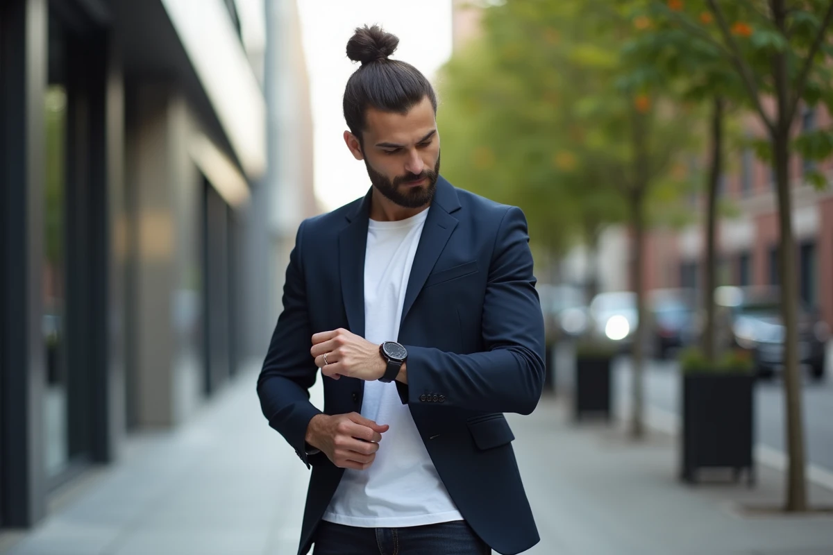 Homme en blazer navy ajustant sa montre en ville