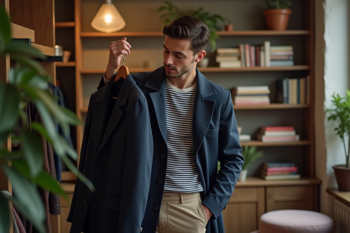 Jeune homme inspectant une veste dans une boutique vintage