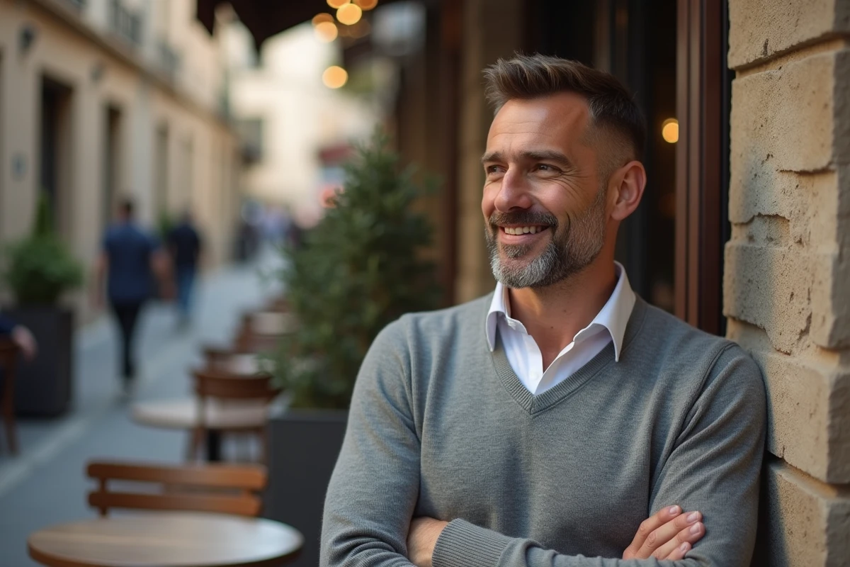 Homme espagnol mature avec coupe discrète en extérieur