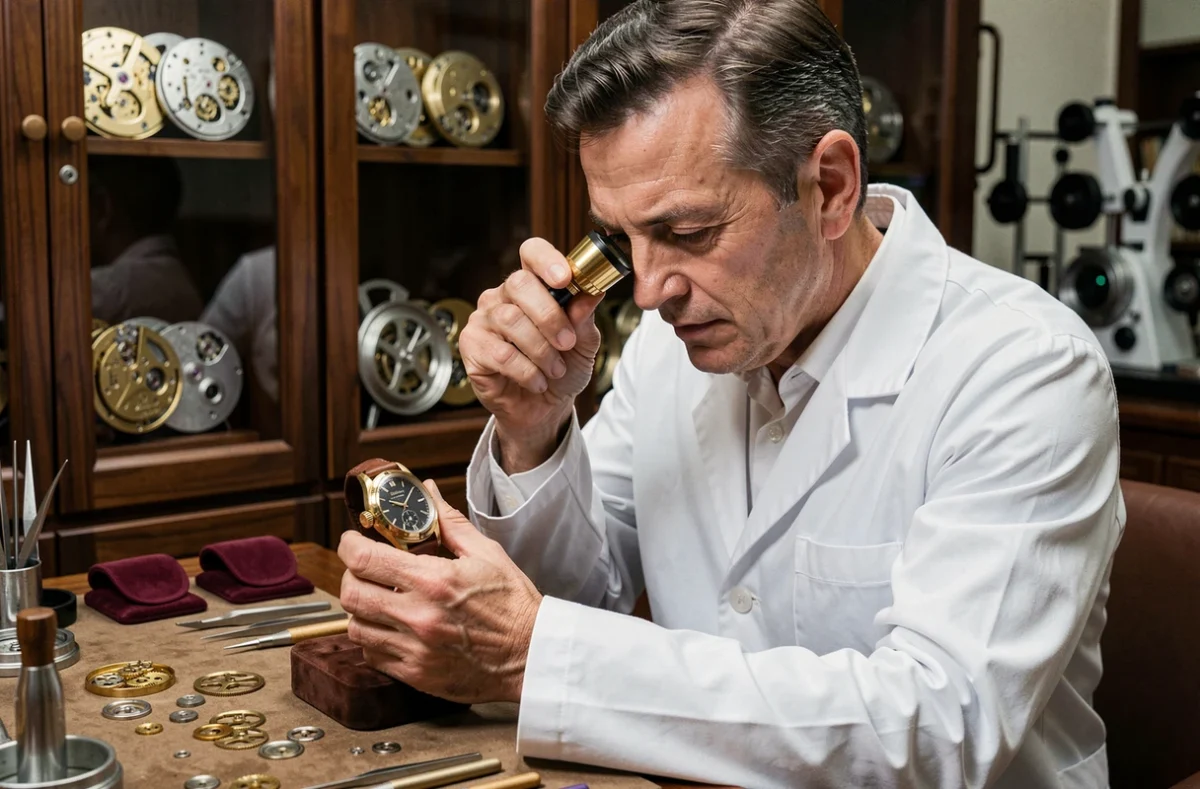 Horloger expert examinant une montre de luxe mécanique avec une loupe dans un atelier de haute horlogerie